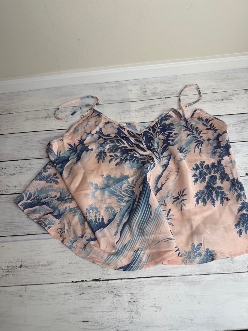 Pink Floral-Scenic Satin Cami Top with Blue Print